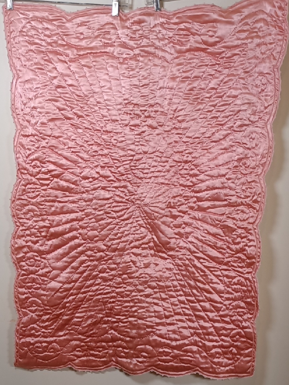 Vintage 40s Hand Quilted Satin Baby Blanket Coverlet